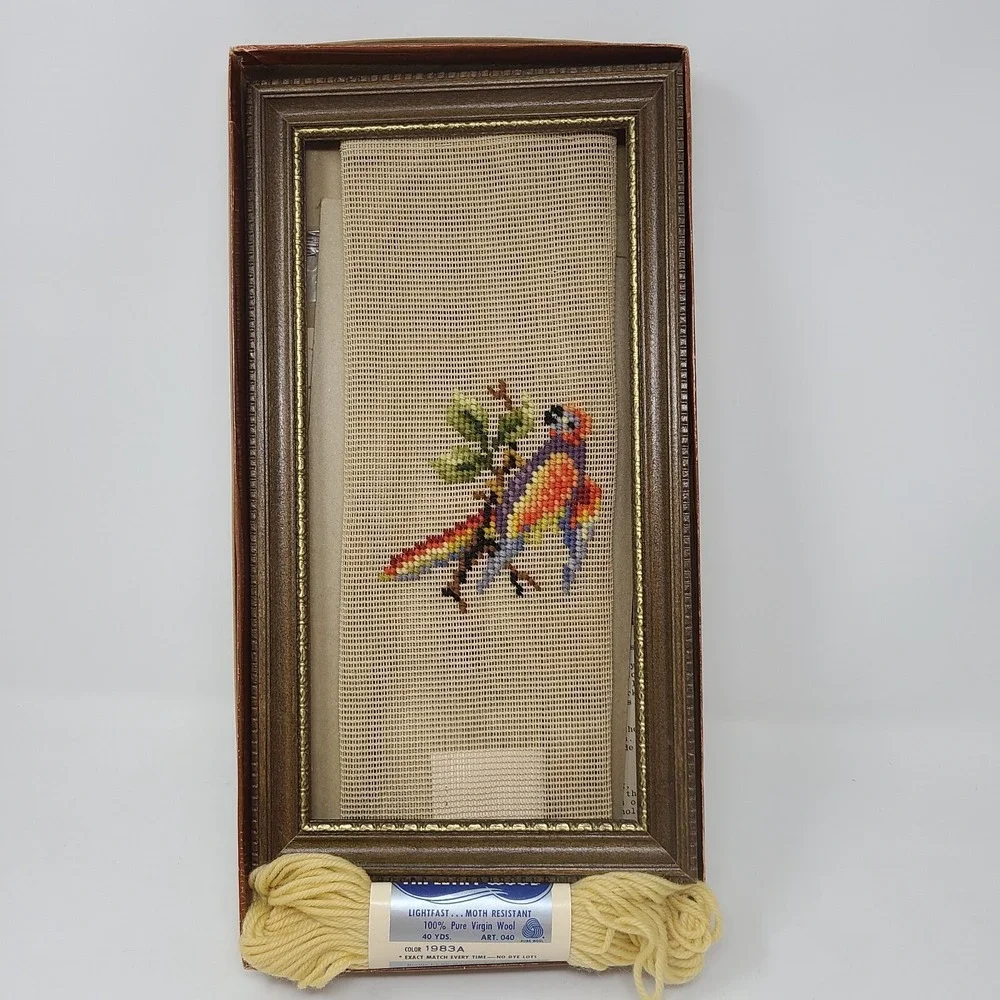 Vintage BUCILLA Floral Needlepoint Kit Picture With Frame Bird